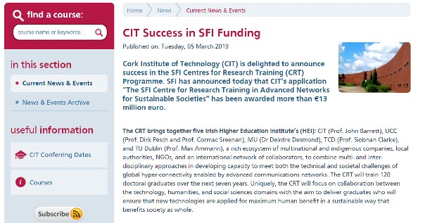 CIT Success in SFI Funding