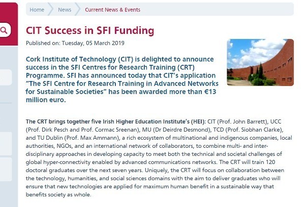 CIT Success in SFI Funding